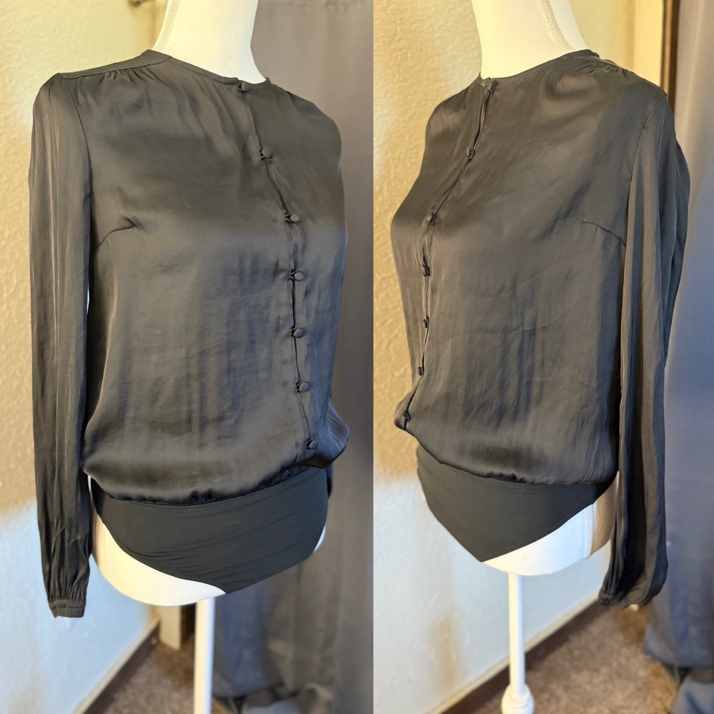 Express Womens Black Long Sleeve Button Front Bodysuit Satin Look Size XS